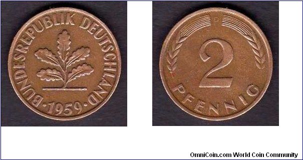 *GERMAN FEDERAL REPUBLIC*
___________________

2 Pfenning

km# 106 a
===================
Mint Mark
(D) Munich

1950-1969
===================