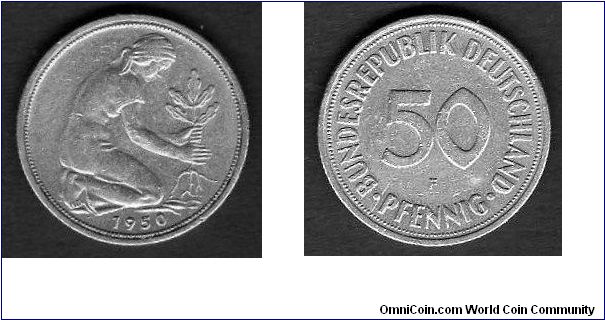 *GERMAN FEDERAL REPUBLIC*
___________________

50 Pfenning

km# 109.1
===================
Mint Mark
(F) Stuttgard

Reeded Edge

1950-1971
===================