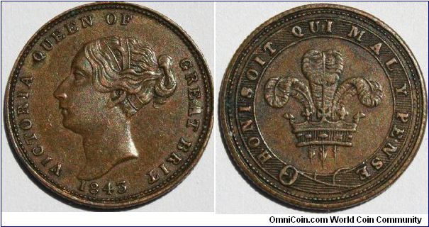 VICTORIA QUEEN OF GREAT BRIT 1843.  Rev. The Prince of Wales plumes within the motto of the Order of the Garter, HONI SOIT QUI MALY PENSE. BHM# 2092 20mm AE.  Unlisted in AE. only listed in Br. R.  No specific reasons have been found for the issue of this piece, possibly it is a gaming counter.