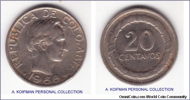 KM-227, 1968 Columbia 20 centavos, nickel clad steel reeded edge; well circulated.