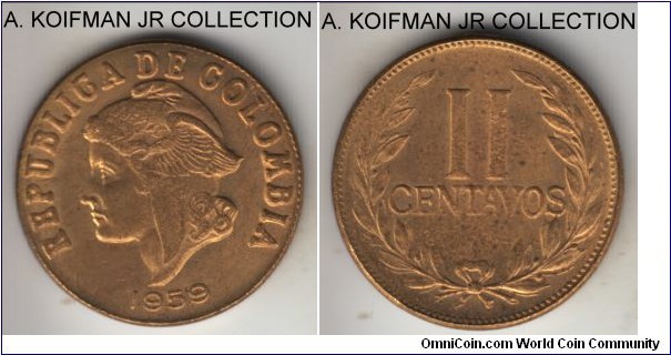 KM-214, 1959 Colombia 2 centavos; alimunum-bronze, plain edge; average uncirculated, reverse is better struck.