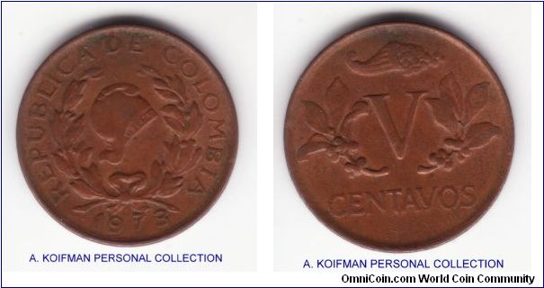 KM-206a, 1973 Colombia 5 centavos; copper clad steel with plain edge; average weakly struck extra fine