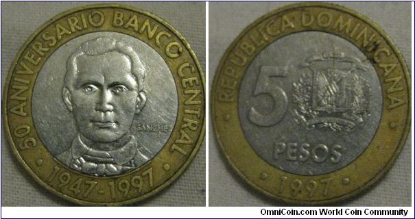 5 pesos, this coin commemorates 50 years of the national bank