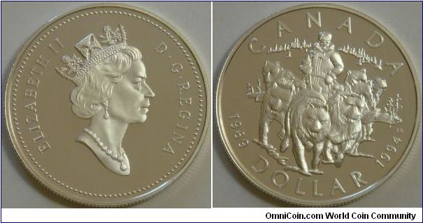 Canada, 1 dollar, 1994 25th anniversary of the last RCMP Northern Dog Team Patrol, silver dollar