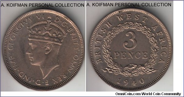 KM-21, 1940 British West Africa 3 pence, Heaton mint (H mint mark); copper nickel, reeded security edge; uncirculated or almost.
