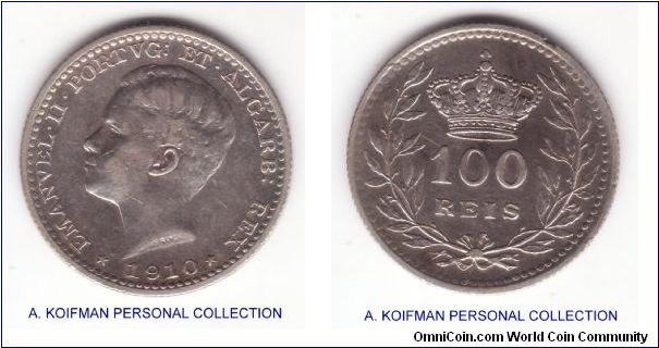 KM-548, 1910 Portugal 100 reis; silver reeded edge; good fine condition, cleaned and retoning.
