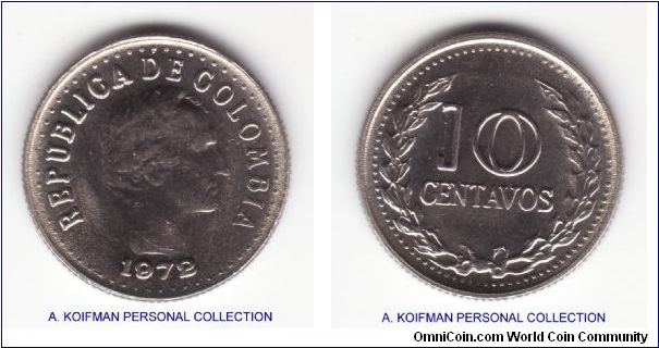 KM-253, 1972 Colombia 10 centavos; nickel clad steel, reeded edge; looks uncirculated.