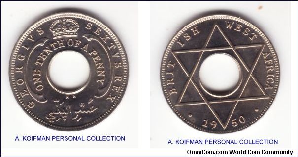 KM-26, 1950 British West Africa, King's Norton mint; plain edge copper nickel with he hole; brilliant uncirculated.