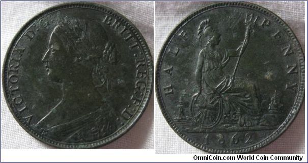 1862 1/2d. Gorgeous detail, looks like a detector find but gorgeous looking coin regardless