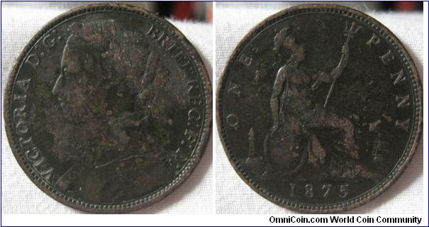 1875 large date penny, bit of pitting and damage on obverse.