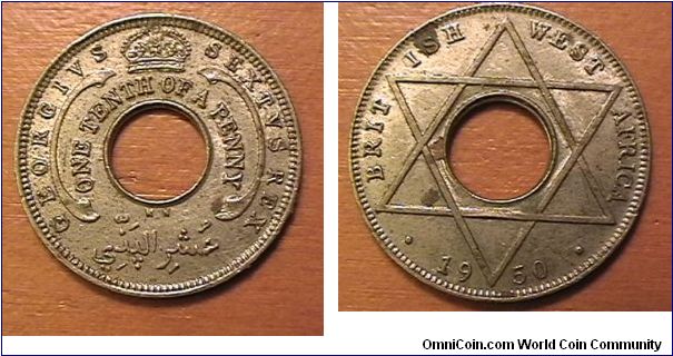 GEORGIVS SEXTVS REX, ONE TENTH OF A PENNY, BRITISH WEST AFRICA. 1950KN (KINGS NORTON, BIRMINGHAM MINT)
Copper-nickel