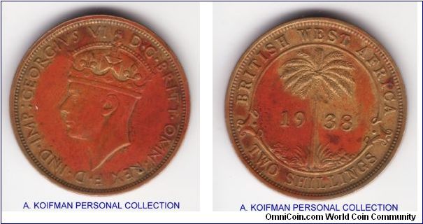 KM-24, 1938 British West Africa 2 shillings minted at King's Norton mint; nickel-brass coin with security edge; definite extra fine with unusual orange toning