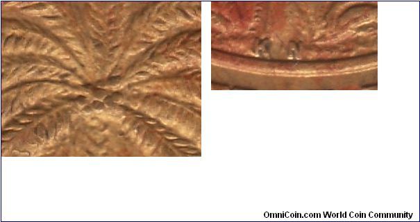 Details for BW38A, left: date palm clusters, very little wear; right: KN mintmark at the roots of the palm