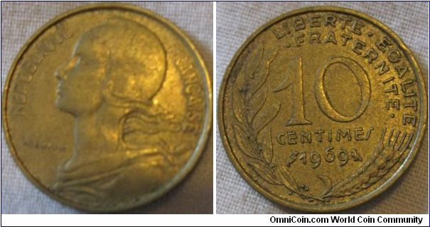 1969 10 centimes, good condition as you can see by the general brightness of the coin, nice considering the date