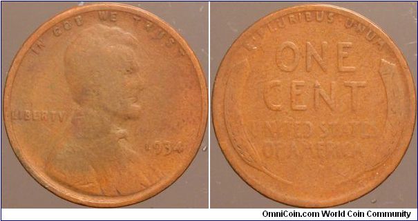 1934 One cent.

Collected from circulation around 1963.                                                                                                                                                                                                                                                                                                                                                                                                                                                           