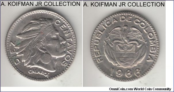 KM-212.2, 1966 Colombia diez (10) centavos; copper nickel, reeded edge; uncirculated, a bit dirty.