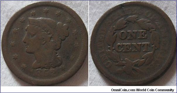 1852 large US cent, showing signs of circulation but everything is readable