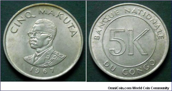 5 makuta.
Democratic Republic of Congo,
President Josepf Mobutu Sese Seko