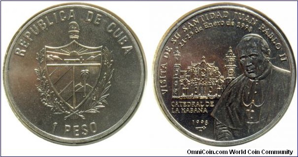 1 peso.
Pope John Paul II and 
Cathedral building in Havana, Pope visit Cuba '98.