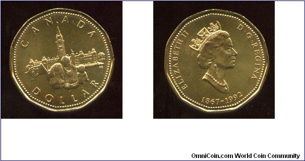 $1
Dated 1867-1992
125th Anniversary of the Confederation
Children and the Parliament Building
Designed by Rita Swanson
Portrait of Elizabeth II by Dora dePedery-Hunt