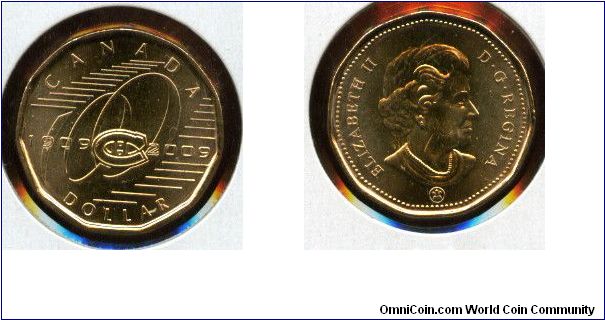 Dated 1809-2009
Montreal Canadiens Centennial
Circulated only in the province of Quebec at Metro Grocery Stores  
Designed by Susanna Blunt
Portrait of Elizabeth II by Susanna Blunt