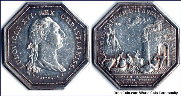 Rare silver jeton issued in 1775 to commemorate the establishment of a quarantine station (a lazaretto)at Marseille.