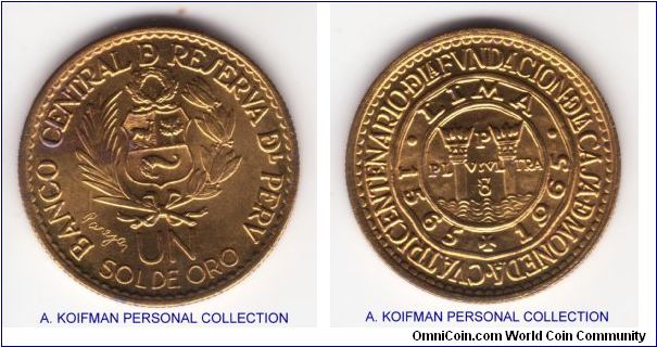 KM-240, ND (1965) Peru sol; commemorative issue selebrating 400 years of the Lima mint; brass reeded edge; quite heavy, original color with some purplish toning spots on obverse, quite a piece of art and design