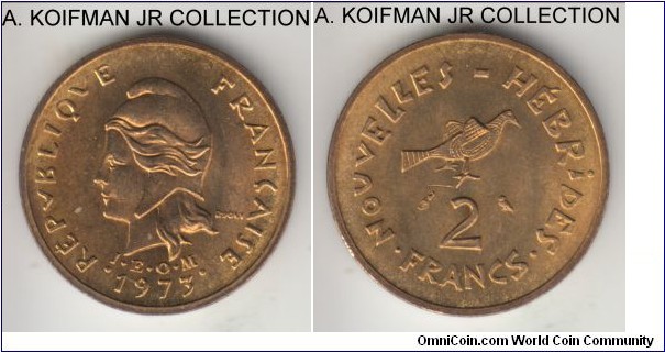 KM-5.2, 1973 New Hebrides 2 francs, Paris mint; nickel-brass, plain edge; French Pacific ocean possession, mintage 200,000, average uncirculated but blazing bright color.