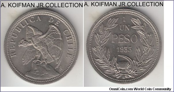 KM-176.1, 1933 Chile peso; copper-nickel, reeded; one year type, Long S with serif in mint mark variety, nice bright uncirculated.