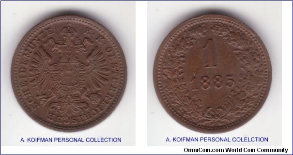 KM-2187, 1885 Austria kreuzer; plain edge bronze; brown uncirculated (and nice) seciment of this very common coin; edge marks 1t 12 and 1:30 on iobverse are extra metal from the rolling and not rim nicks or bumps