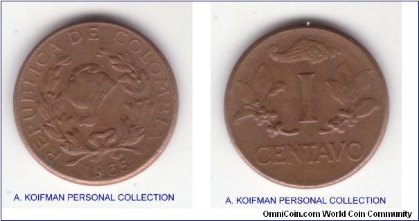 KM-205, 1965 Colombia centavo; plain edge bronze; I would say good very fine