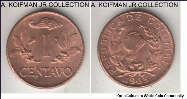 KM-205, 1965 Colombia centavo; plain edge bronze; re-cut 9 in date which look to be wide, red uncirculated.