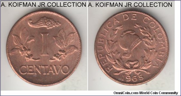 KM-205, 1965 Colombia centavo; plain edge bronze; I would say good very fine