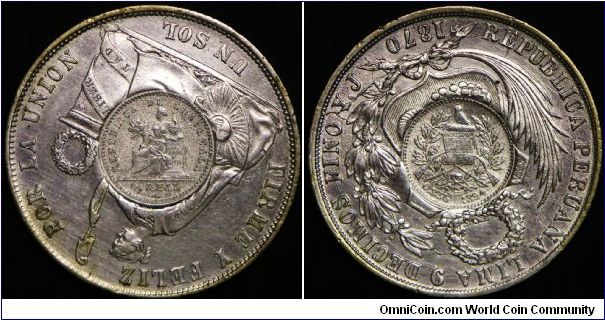 Guatemala peso, original 1894 1/2 real die counterstamped on 1870 Peru 1 Sol. Both the counterstamp and the Peruvian coin grade a strong AU(almost uncirculated) with very little wear on the high points.