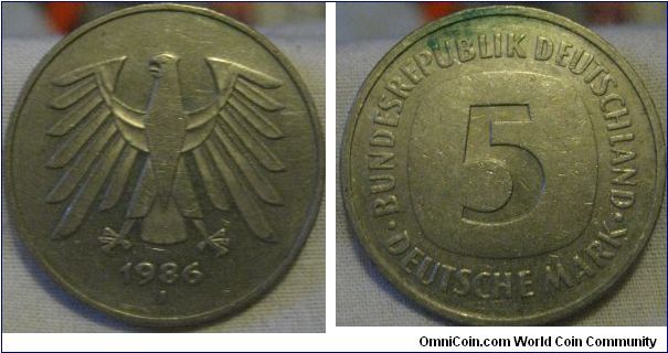 5 deutche mark 1986 J bright coin decent grade