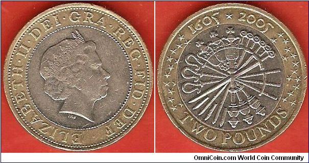 2 pounds
400th anniversary of the Gunpowder Plot
Elizabeth II by Ian Rank-Broadley
bimetallic coin