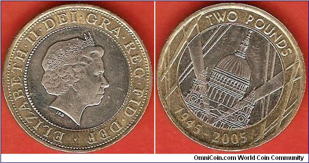 2 pounds
60th anniversary of end of WW II
Elizabeth II by Ian Rank-Broadley
bimetallic coin