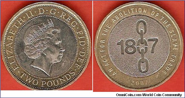 2 pounds
200th anniversary of the Abolition of the Slave Trade
Elizabeth II by Ian Rank-Broadley
bimetallic coin