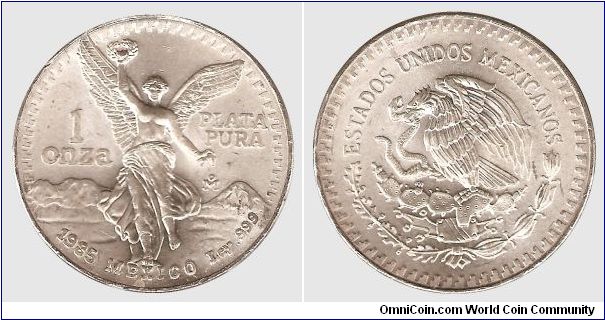 One Onza.  One Ounce .999 Pure Silver.  Mintage 2,017,000.