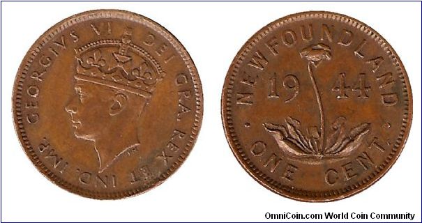 One Cent.  NewFoundLand. Mintage 1,328,776.