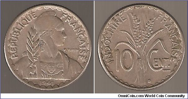 French Indo-China.  10 Centimes.  Minted in San Fransisco, California.  Mintage 50,000,000.