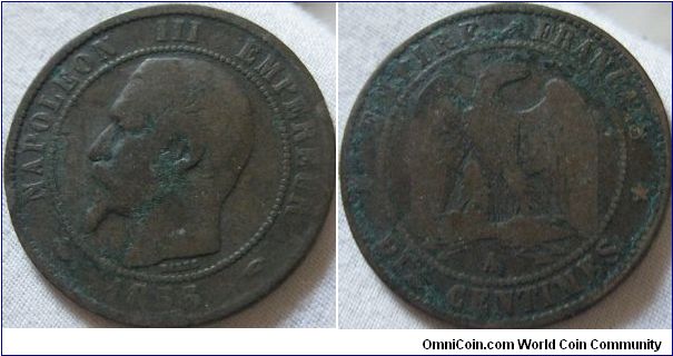 10 centimes in a slightly better then average state, verdegris on reverse lets it down but siome detail remains on portrait, A mintmark
