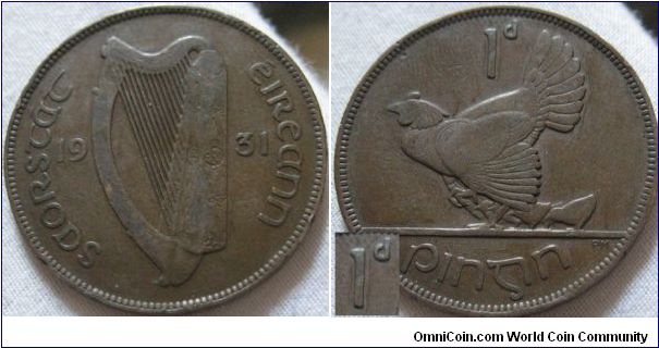 2,400,000 minted 1931 interesting effect on the 1 on reverse irish penny, more of a date filler condition.