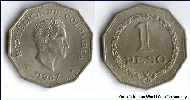 REPUBLICA DE COLOMBIA- 1 PESOS-1967KM223 FOR SALE CAT 163