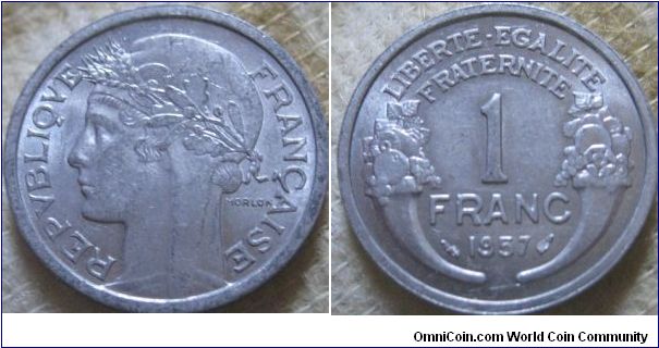 full lustre 1 franc from 1957, aluminium, later years of issue