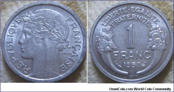 full lustre 1 franc from 1957, aluminium, later years of issue