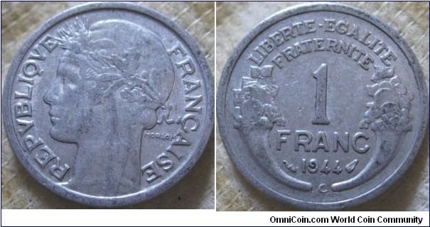 republic issue, c 1944 franc, a nice coin, and an interesting issue as there was also the vichy franc that year too
