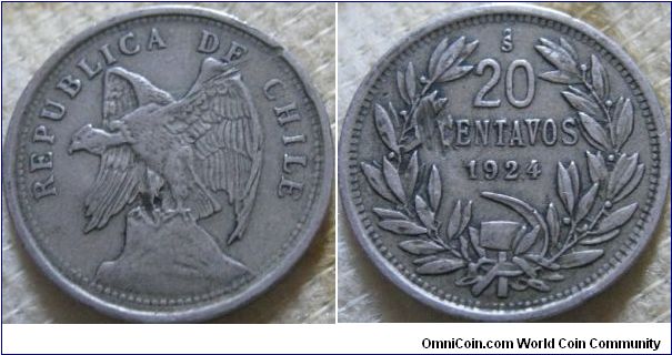 nice 20 centavos from chile, high fine condition.