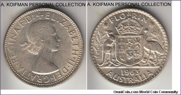 KM-60, 1963 Australia florin, Melbourne mint (no mint mark); silver, reeded edge; nicer grade, probably good extra fine to about uncirculated.
