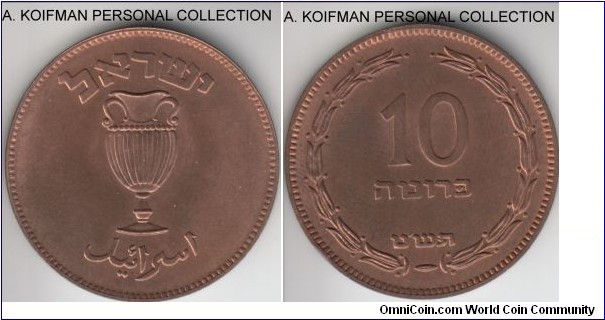 KM-11, 1949 Israel 10 pruta, Birmingham mint (no pearl); bronze, plain edge; nice red uncirculated, just a hint of brown toning on reverse.